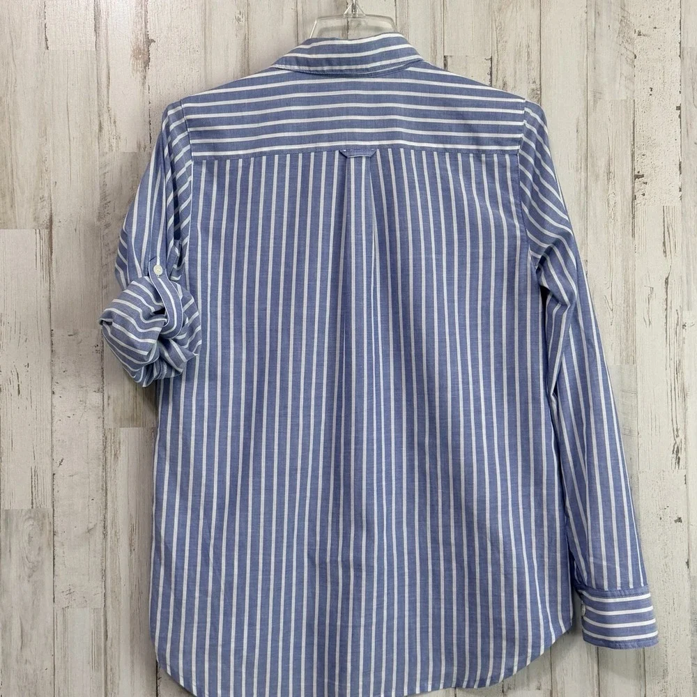 J Crew Henley Top Blouse S Blue Stripe Roll Tab Sleeve Preppy Summer Popover